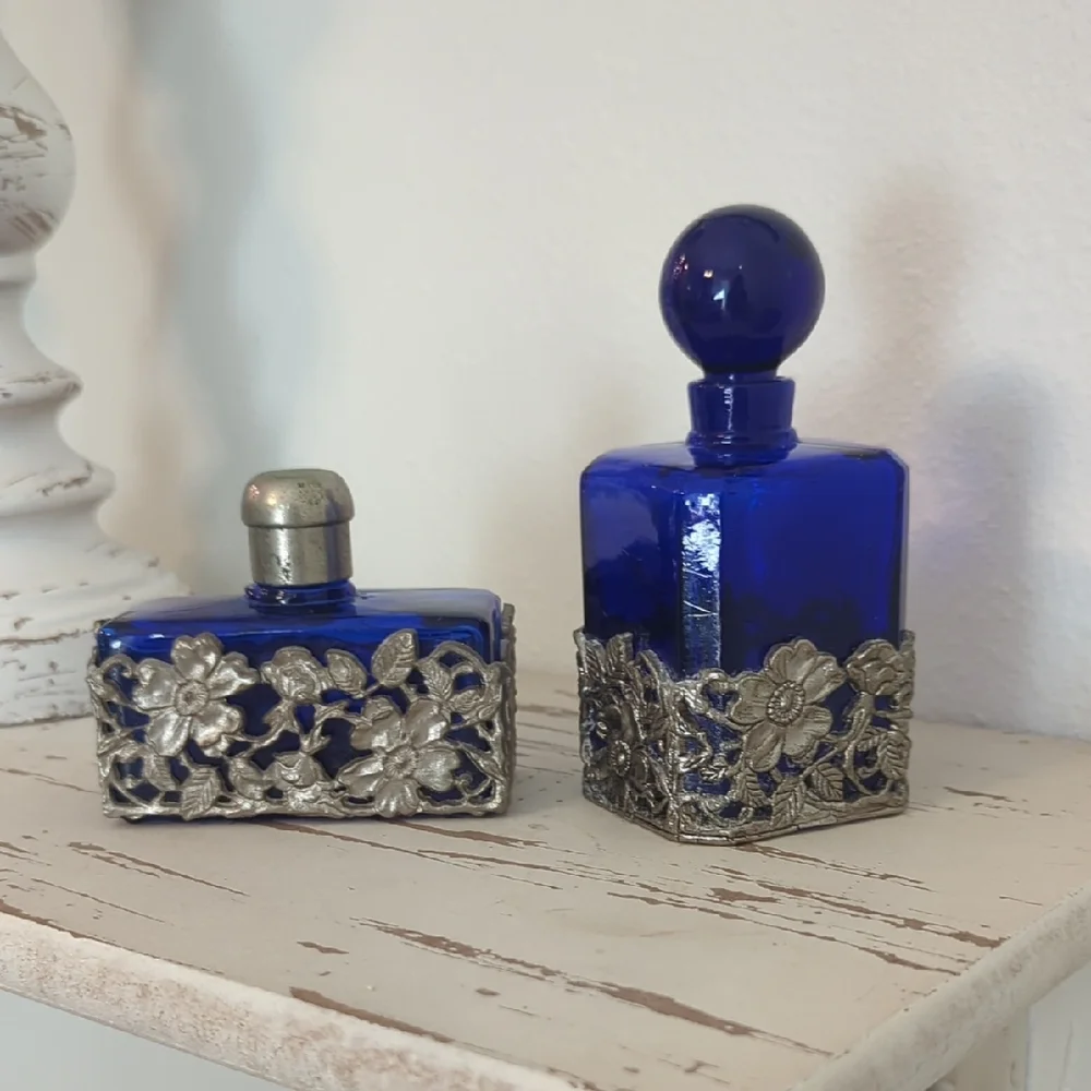 💙 Vintage Cobalt Blue Pewter Refillable Boudoir Perfume Bottles – Set of Two - Picture 12 of 12